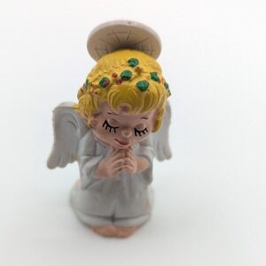 Vintage 1980 Angel Figurine Praying Cherub‎ Yellow Hair Halo White Made Portugal
